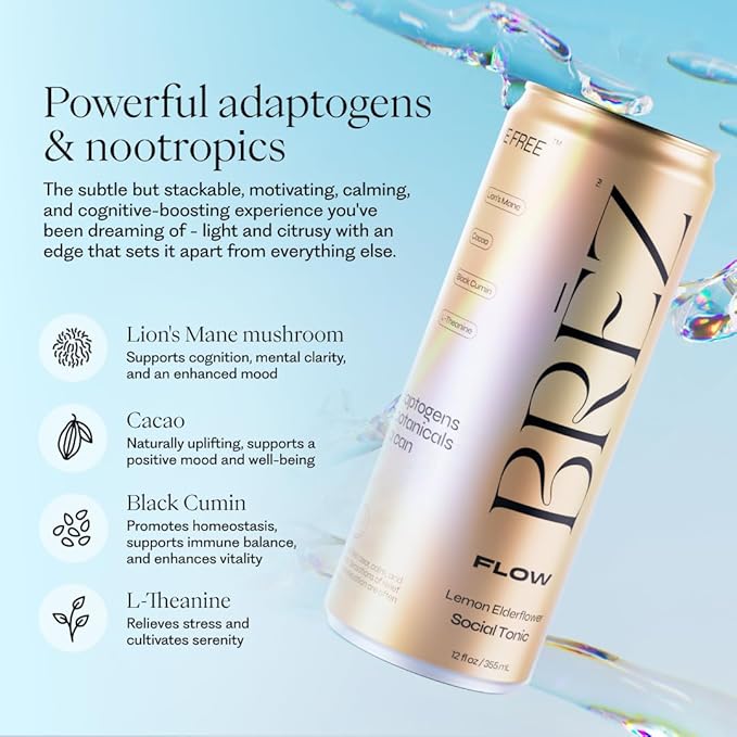 BREZ FLOW Lion’s Mane Mushroom Drink,12-Pack, Non-Infused, Adaptogens, Relieving, Uplifting, and Social, Sparkling Lemon Elderflower Tonic 12 Fl oz