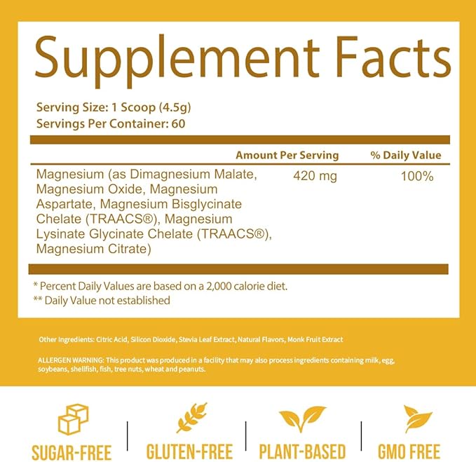 GoBiotix Magnesium Glycinate Powder – Cortisol Supplements for Women and Men – High Absorption Magnesium Complex Calm Supplement with Citrate, Malate – Sugar Free – 420 mg, 60 Servings - Honey Citrus