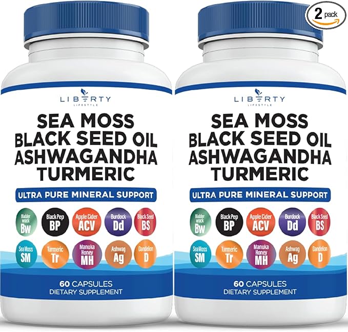 Sea Moss Black Seed Oil Ashwagandha Turmeric Bladderwrack Burdock - with Manuka, Honey Dandelion, ACV Black Pepper Gluten Free - 2-Pack