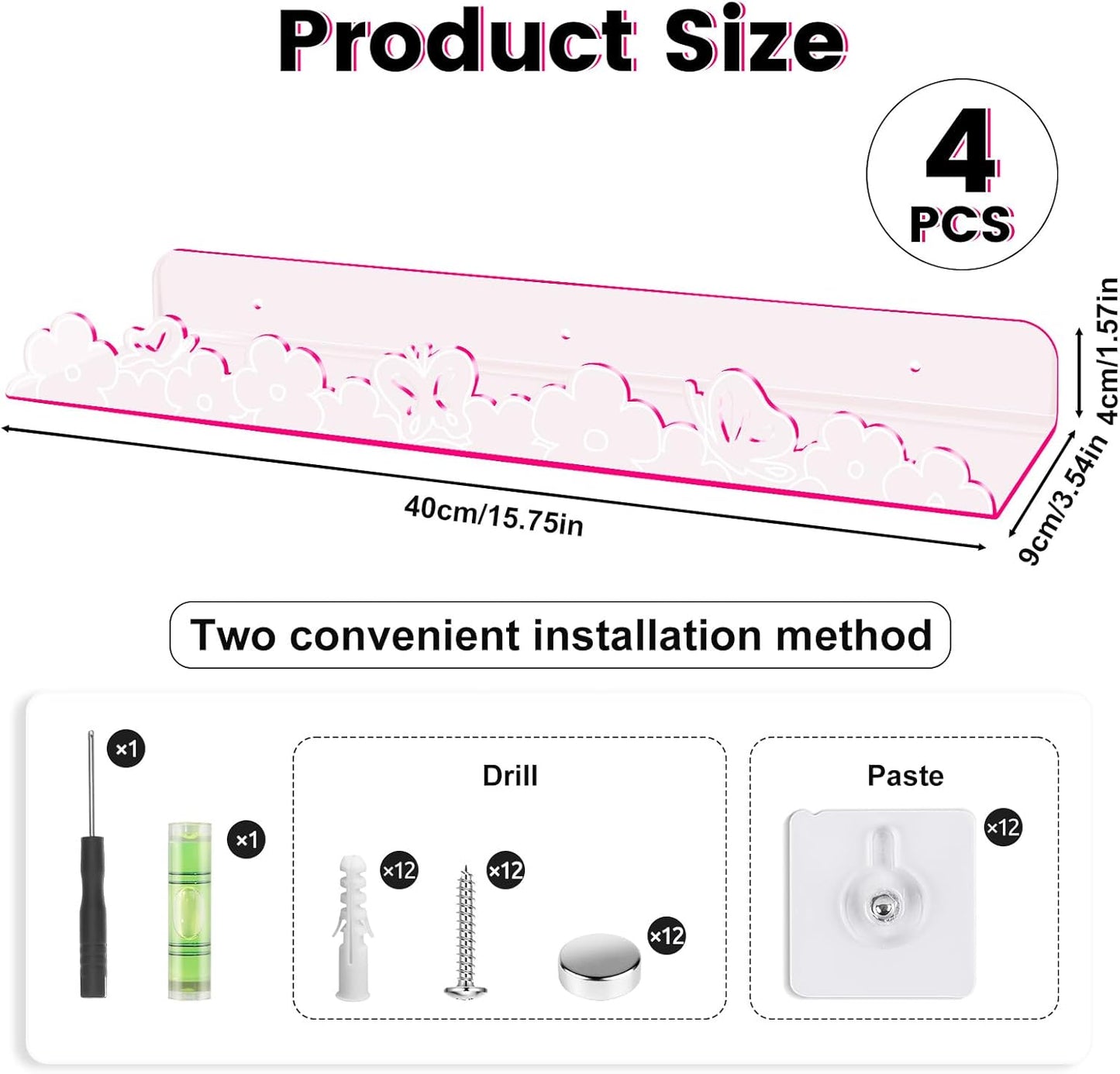 Floating Shelves for Wall,4 Pack 15.7’’x 3.5’’Adhesive Acrylic Shelves Organizer for Book Toy Photo Makeup,Wall-Mounted Kids Storage for Bathroom,Bedroom,Nursery,Pink Butterfly