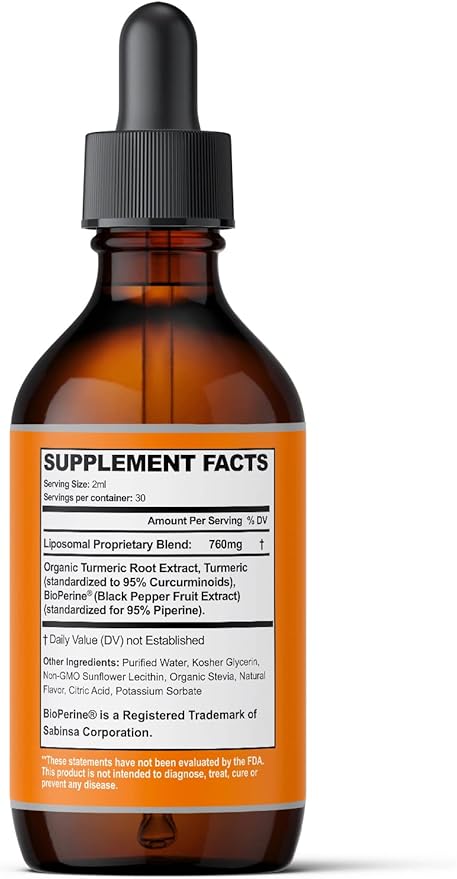 Liquid Turmeric Curcumin Extract with Black Pepper - Turmeric Drops with Bioperine - Easy-to-Take Supplements Made in USA (60ml)