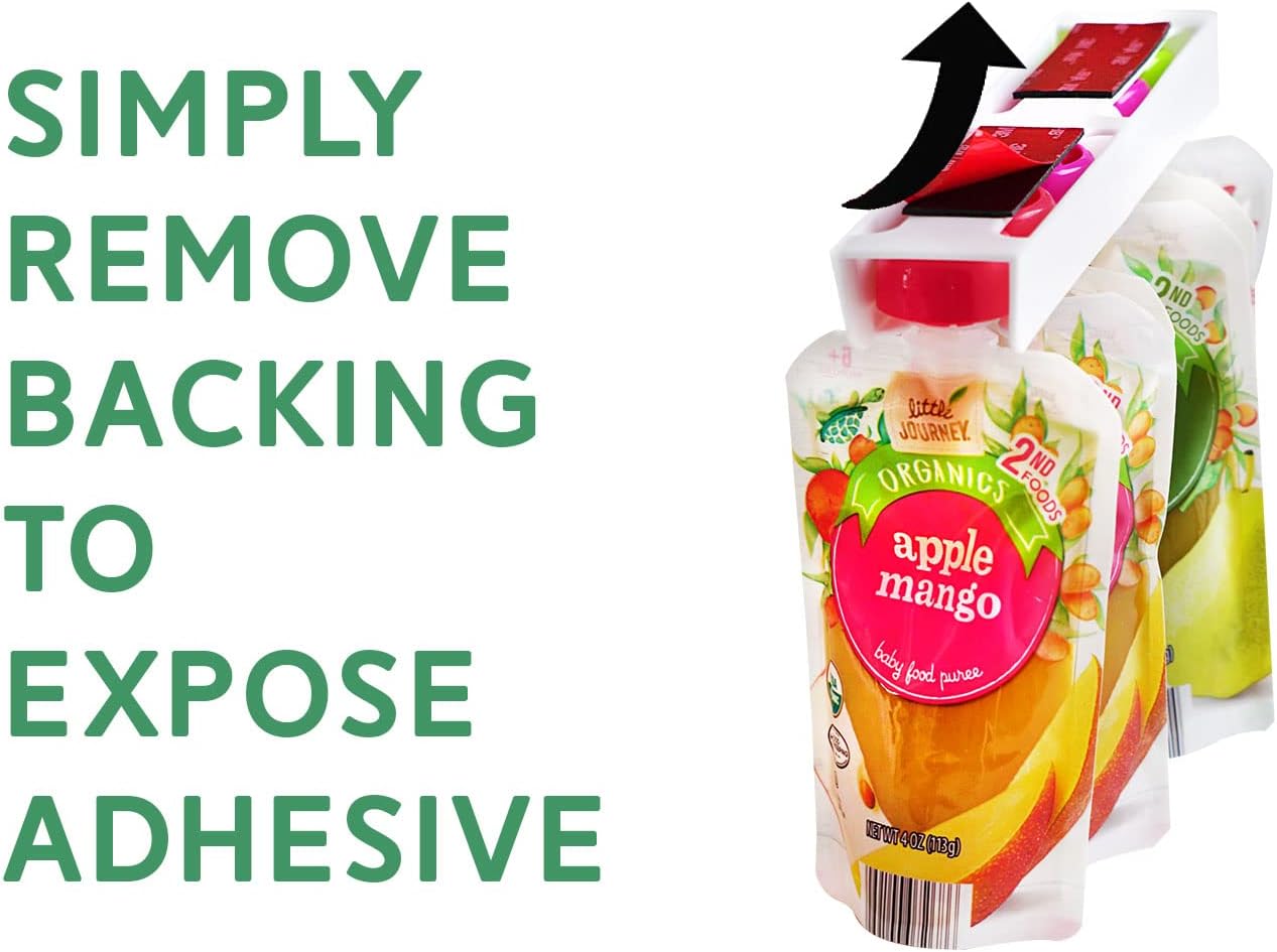 The Food Pouch Organizer Set - Slider Style Peel-and-Stick Holder for Baby Food, Applesauce, Yogurt Pouches - Maximize Kitchen Storage, Pantry, and Refrigerator Space by Storage Theory - 4 Pack