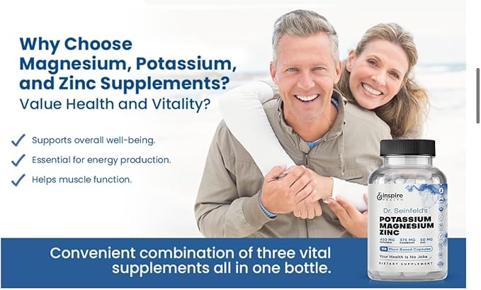 Magnesium Potassium Supplements w/Zinc - 90 Capsules - Magnesium Potassium Zinc for Vascular Health – High Absorption Vegan Supplement for Leg Cramps & Sleep Dr Seinfeld