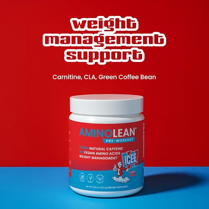AminoLean x ICEE Pre Workout Powder, Amino Energy with Natural Caffeine from Green Tea, Vegan BCAA Amino Acids, Cherry, 30 Servings