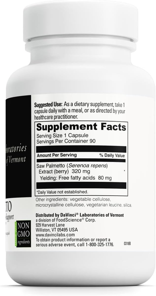 DAVINCI Labs Saw Palmetto - Dietary Supplement to Support Proper Prostate Health Function, Premenstrual Needs and Lactation* - with Saw Palmetto Berry Extract - Gluten-Free - 90 Vegetarian Capsules