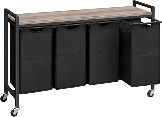 HOOBRO Laundry Sorter 4 Sections, Laundry Hamper with Wheels, 4 × 10.5 Gal (39.8L), Rolling Laundry Basket, Pull-Out and Removable Oxford Fabric Bags, Greige and Black BG04XY01