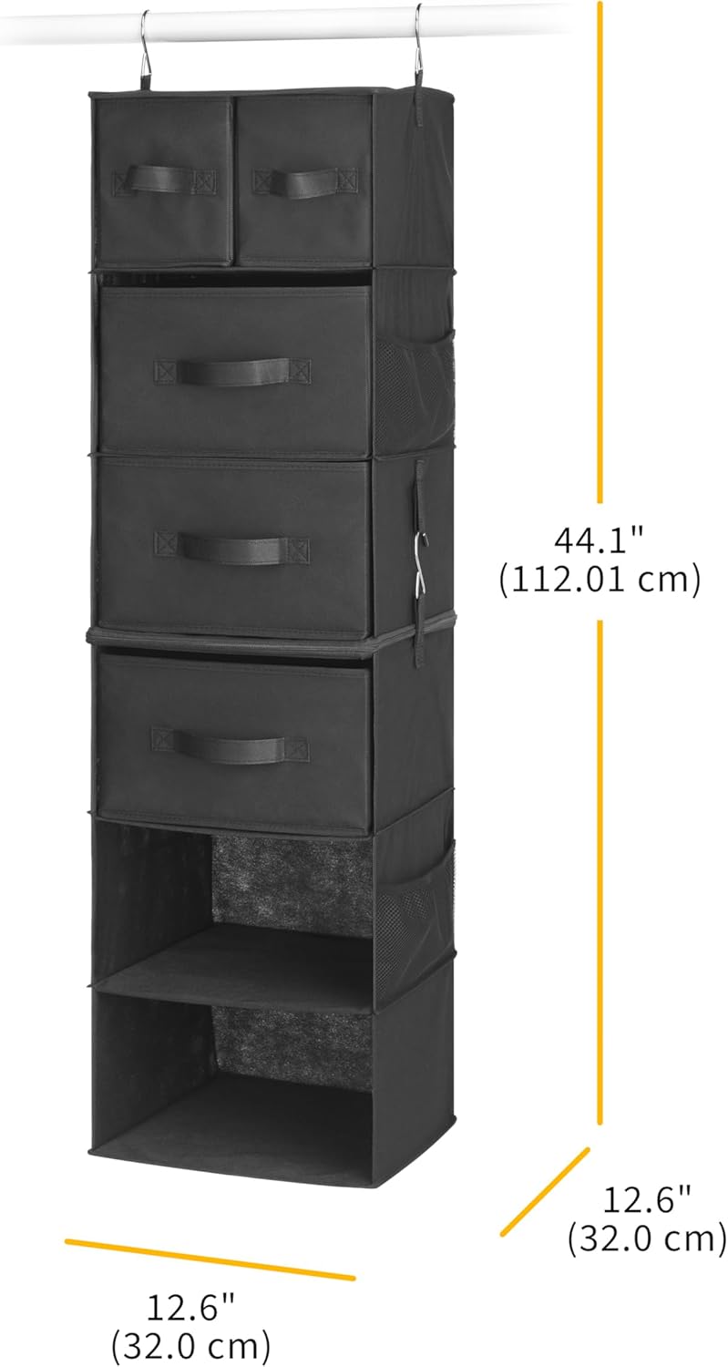 Whitmor Multi-Functional Hanging Organizer with Drawer Inserts- 5 Section - Closet Organizer - Black