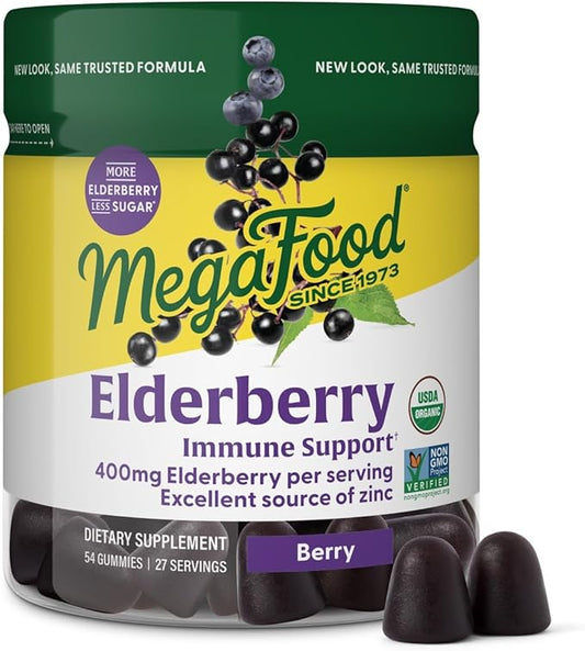 MegaFood Elderberry Immune Support Supplement - Vegan Elderberry Gummies for Adults - Made with Zinc and Real Food - Pectin-Based, Gluten-Free, USDA Organic - 54 Gummies, 27 Servings