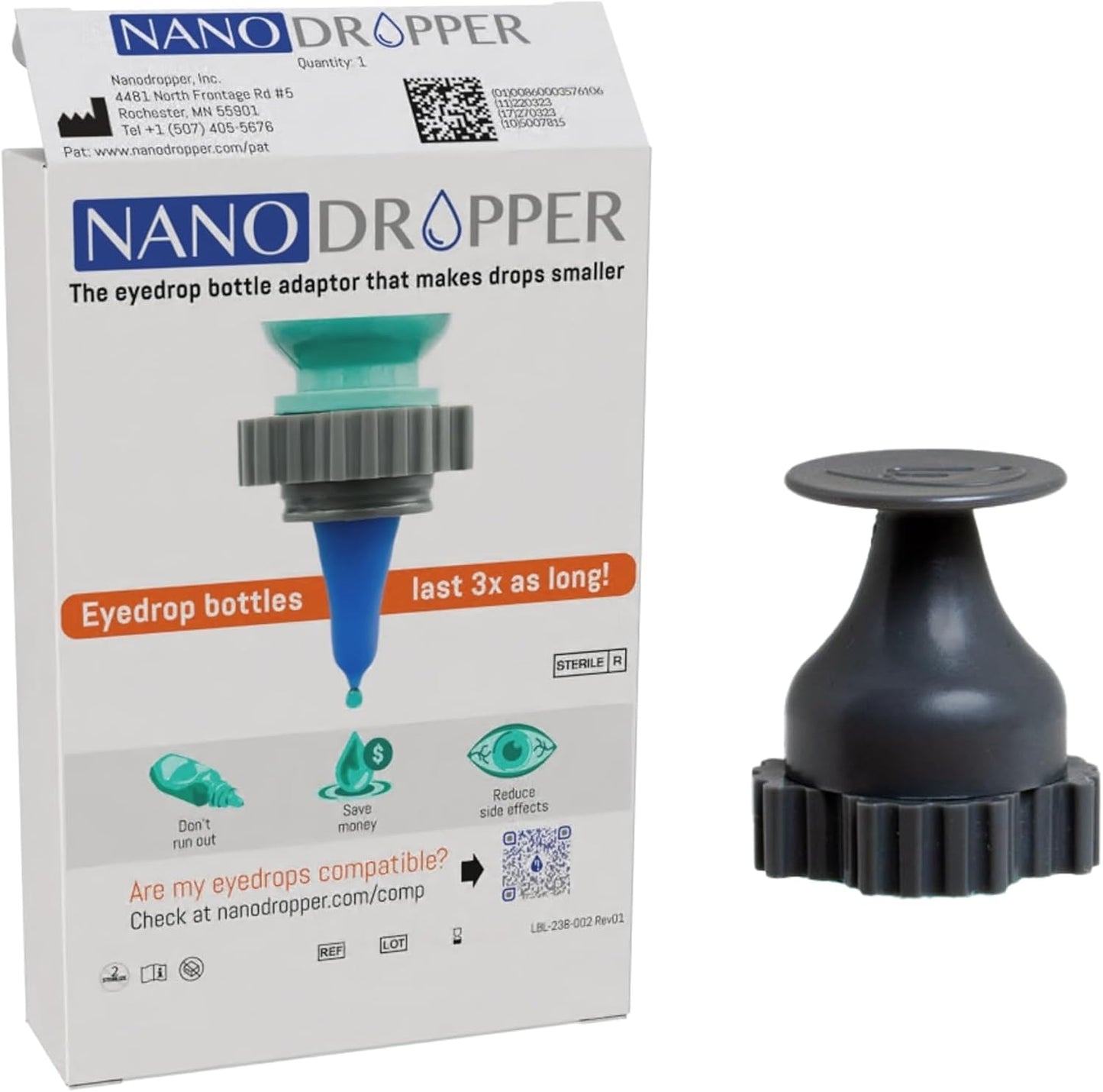 NANODROPPER Adaptor for Eyedrop Bottles - Volume Reducing Adaptor to Extend Bottle Life - SIZE 15