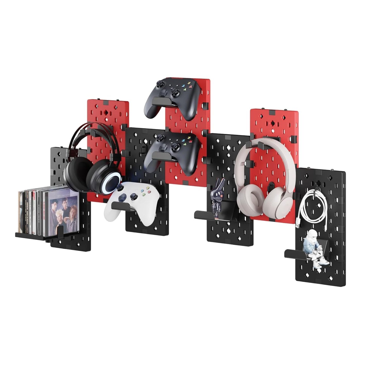 PEGZONE Controller and Headphone Holder Wall Mount, Modular Gaming Pegboard with Accessories, Controller Stand for Xbox PS5 PS4 Switch, Video Game Storage, Disc Shelf, 7pcs Pegboard, Black & Red