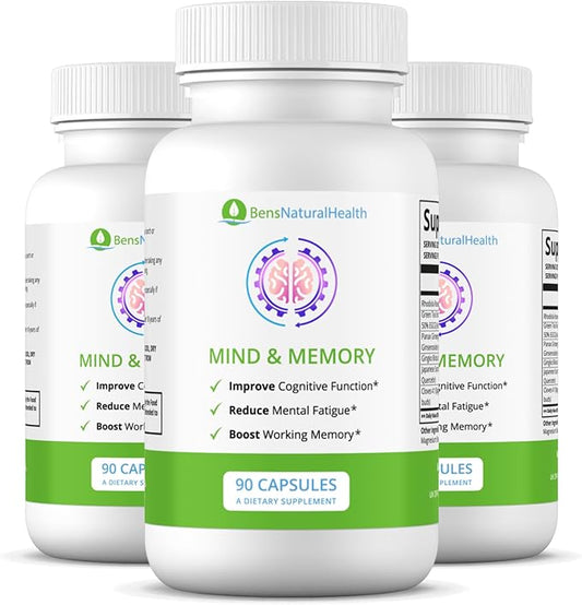 Ben's Natural Health Mind and Memory - Memory Supplement for Brain Health - Nootropic Brain Supplement for Men and Women - Ginkgo Biloba Green Tea Supplement for Focus and Memory (Pack of 3)