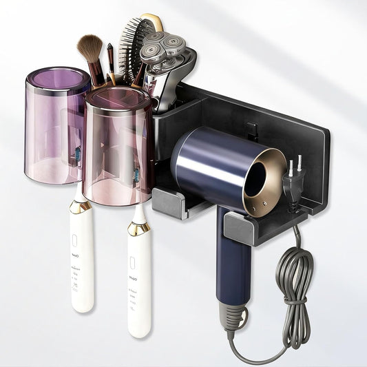 Hair Dryer Holder Wall Mounted Adhesive/Drilling,Hair Dryer Storage Organizer with 2 Toothbrush Holders,2 Toothbrush Cups,2 Storage Boxes for Bathroom,Blow Dryer Holder,Hair Tool Organizer,Dark Gray
