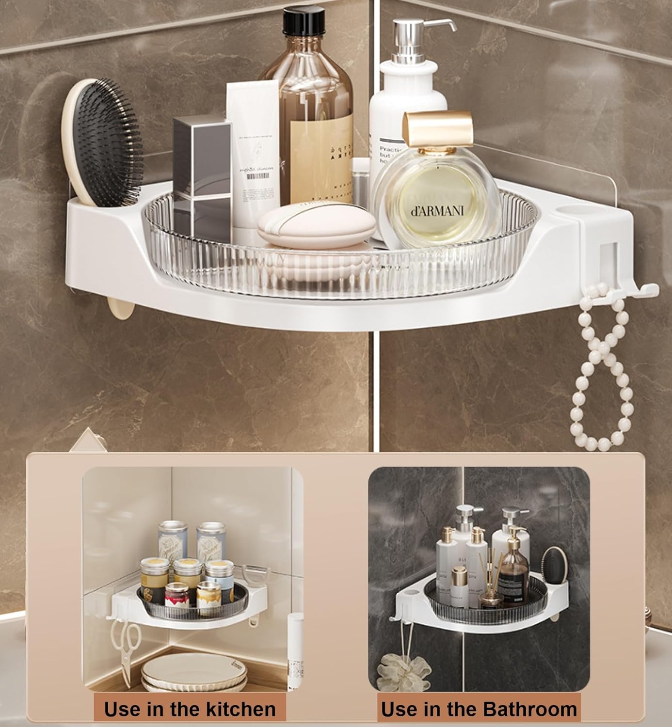 360 Rotating Makeup Organizer Spinning Bathroom Organizer 1 Pack Corner Storage Organizer with Hooks for Perfume Lotion Skincare Organizer Countertop Kitchen Storage(Smoky Grey)