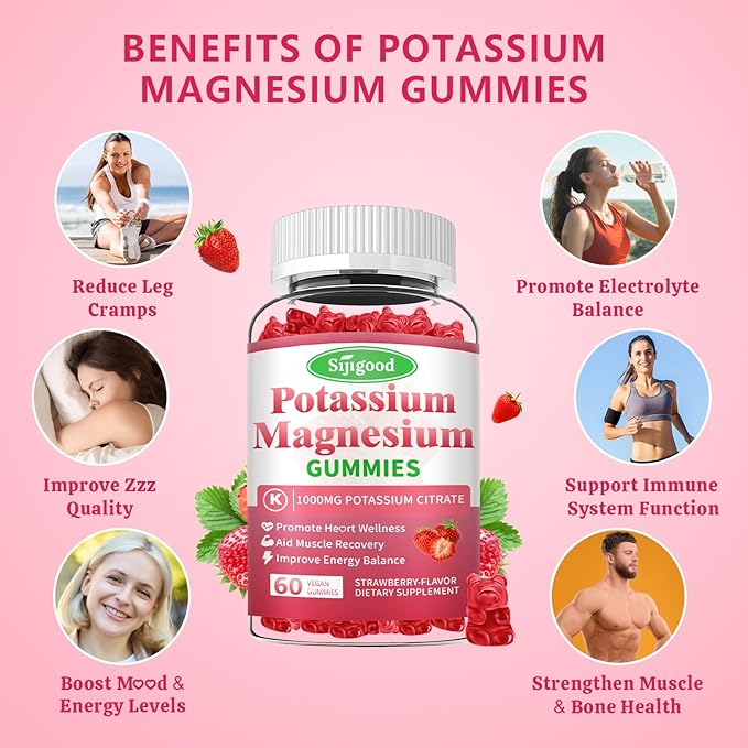 Potassium Magnesium Gummies, High Absorption Magnesium Potassium Supplement with Vitamin B6 for Leg Cramps & Muscle Health, Strawberry, 60 Count