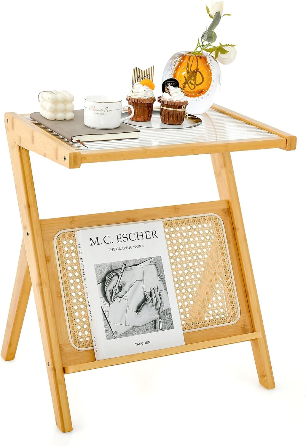 GOFLAME Rattan Side Table, Z-Shaped End Table with Tempered Glass Top, Magazine Rack, Boho Night Stand, Small Coffee Table, Bamboo Accent Bedside Table for Living Room, Bedroom, Natural