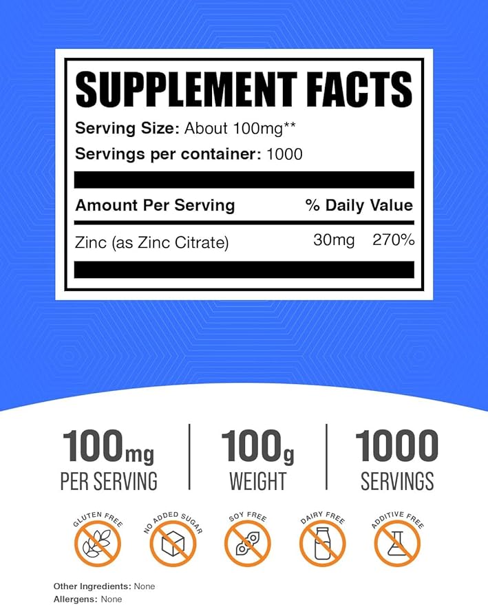 BulkSupplements.com Zinc Citrate Powder - Zinc Supplements, Mineral Supplement, for Immune Support - Gluten Free, 100mg per Serving, 100g (3.5 oz) (Pack of 1)