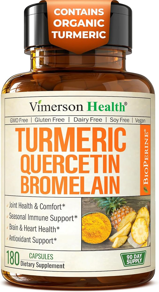 Quercetin with Bromelain Turmeric Curcumin Supplement – Allergy Relief, Joint & Immune Support – Organic Turmeric Supplement with Black Pepper (Bioperine) – 180 Quercetin 500mg Capsules