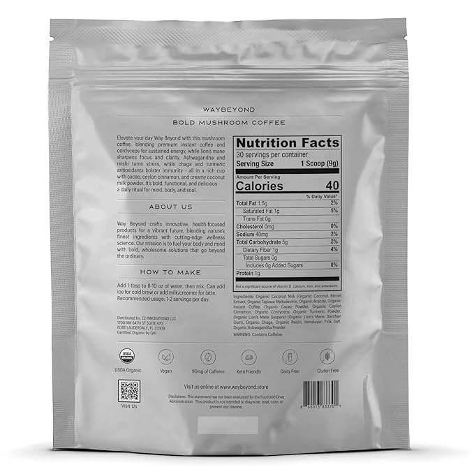 WAY BEYOND Organic Instant Bold Mushroom Coffee with 90mg Caffeine, Adaptogenic Mushrooms for Increased Focus, Energy, Digestive Health, and Stress Relief