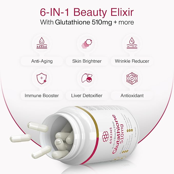 6SKINS®6in1 Beauty Elixir with Liposomal Glutathione 510mg | Glutathione Supplement 4X Better Absorption - Immune Support, Liver Detox, Powerful Antioxidant for Healthier Skin - 60 Capsules