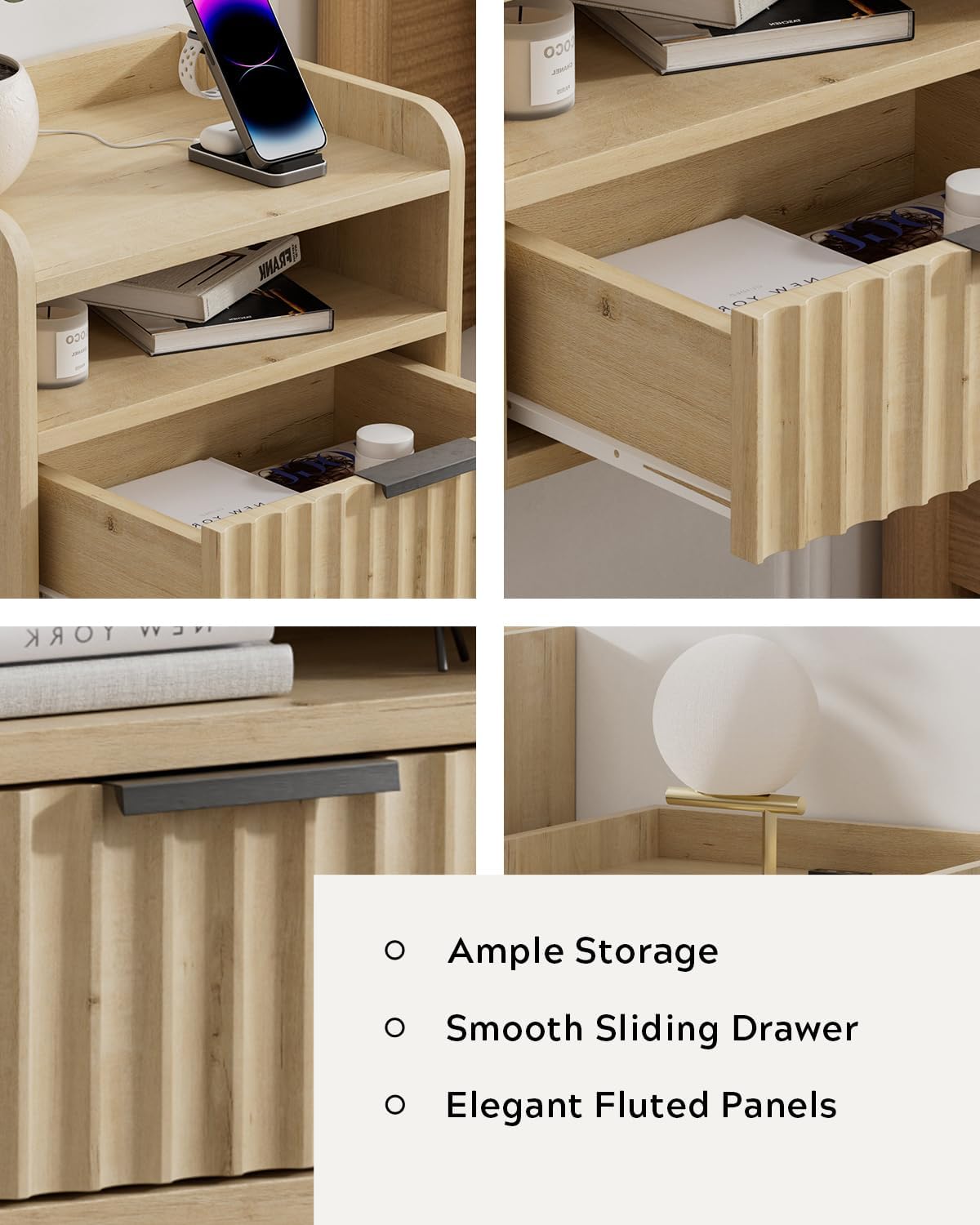 Fluted Floating Nightstands Set of 2 with Drawer, Modern Small Wall Mounted Storage Night Stand with Charging Station, Wood Bedside Table USB C & USB A Ports, Light Oak