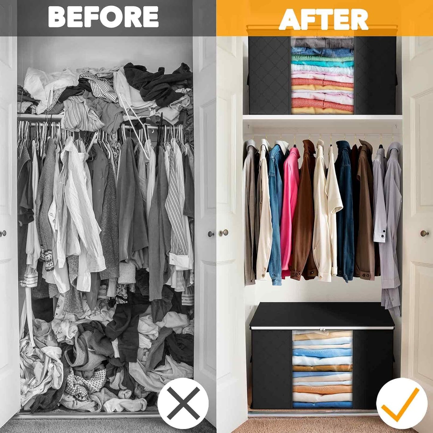 SpaceAid 6 Pack 90L Clothing Storage Bags, Heavy Duty Closet Storage Bins, Extra Large Moving bags, Storage Containers for Clothes, Blankets, Comforters, and Pillows - Black