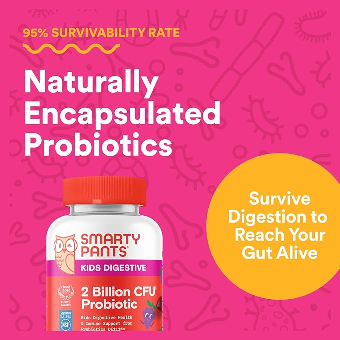 SmartyPants Kids Probiotic Gummies for Digestive Health: 2 Billion CFU Gut Health and Immune Support Supplement, Clinically Studied Probiotic, Gluten Free, Grape, 30 Count (30 Day Supply)