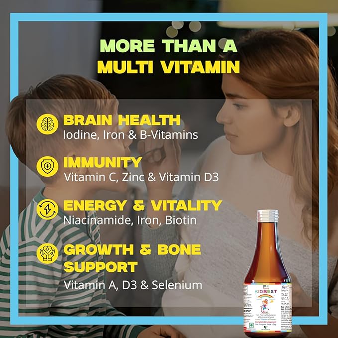Kidbest Multivitamin Syrup for Kids 3-13 Years – Liquid Formula with 13 Nutrients for Appetite, Immunity, and Growth – Tasty Daily Vitamins for Stronger Kids | Toddler multivitamin for kids|200ml