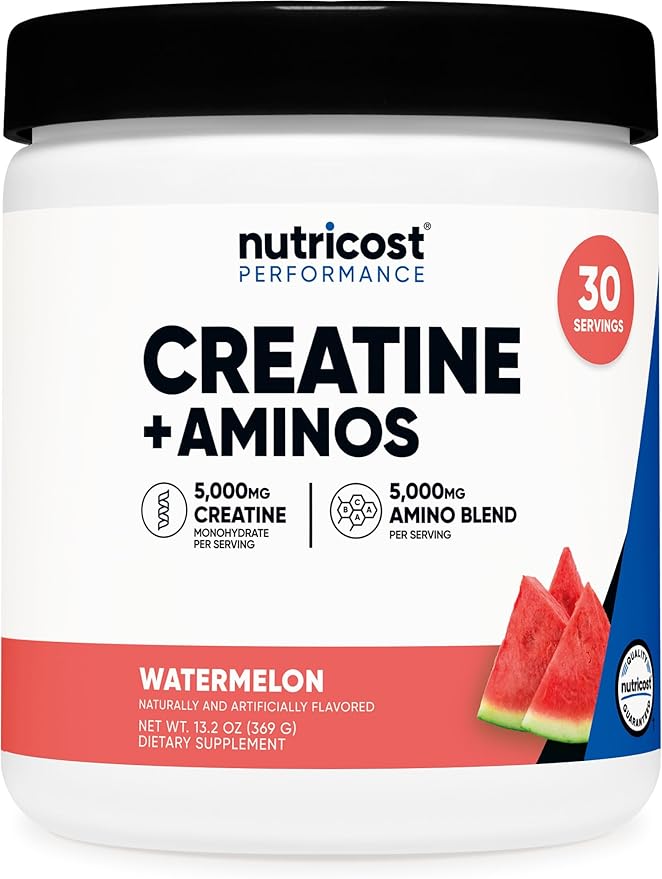 Nutricost Creatine + Aminos 30 Servings (Watermelon Flavored) - 5,000mg Creatine Monohydrate + 5000mg Amino BCAA Blend Per Serving