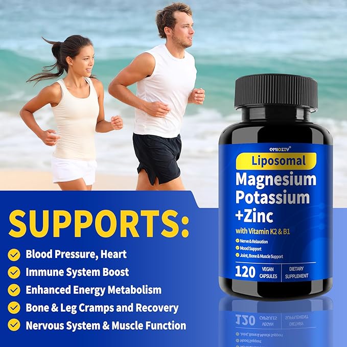 Potassium Magnesium Supplement, 1600mg Liposomal Magnesium Aspartate, Potassium Chloride, with Zinc, K2, Vitamin B1 for High Blood Pressure, Support Vascular, Bone & Leg Cramps, 120 Veg Capsules