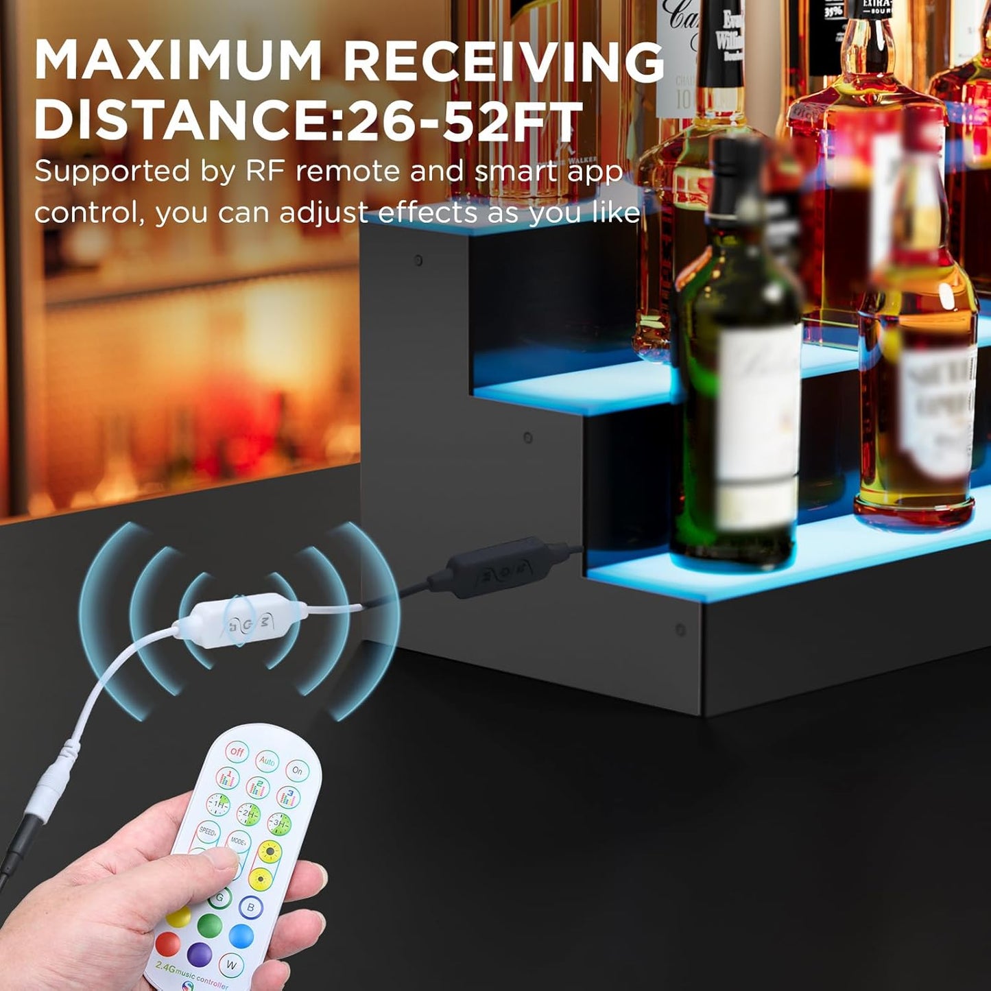 Dethan 4 Tier 40 Inch Liquor Bottle Display Shelf - Wine Racks with Multi-Color App & Remote Control, Adjustable Brightness & Sound Modes, Acrylic Bar Shelves for Commercial Clubs