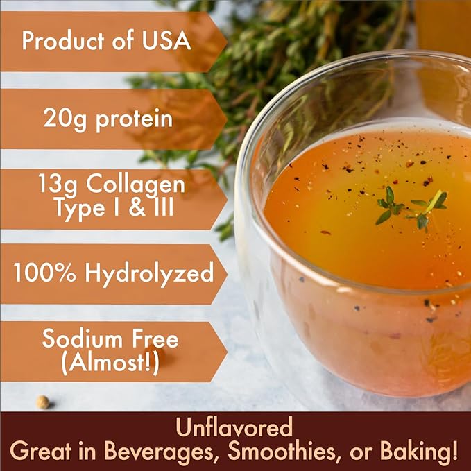 Solo Bone Broth Protein Collagen Powder Low Sodium, 16g Hydrolyzed Collagen Type I & III, for Healthy Skin, Nails, Hair, Joints & Digestion, Grass Fed, 1 lb (Canister - Net Wt. 1 lb. Powder)
