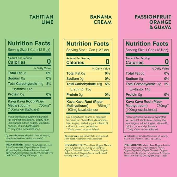 Melo Sparkling Kava Drink, Passionfruit, Orange & Guava Bundled with Banana Cream and Tahitian Lime, Sugar Free Non Alcoholic Drinks with Zero Calories, 750mg Kava Root per Drink, 12 Pack, 12 oz Can
