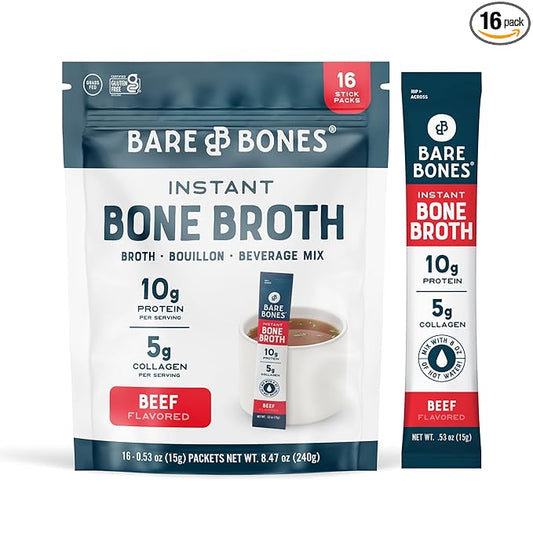 Bare Bones Beef Bone Broth Instant Powdered Mix | Rich Savory Packets on-the-Go No Artificial Flavors | Keto & Paleo Friendly | 10g Protein | 16 Pack