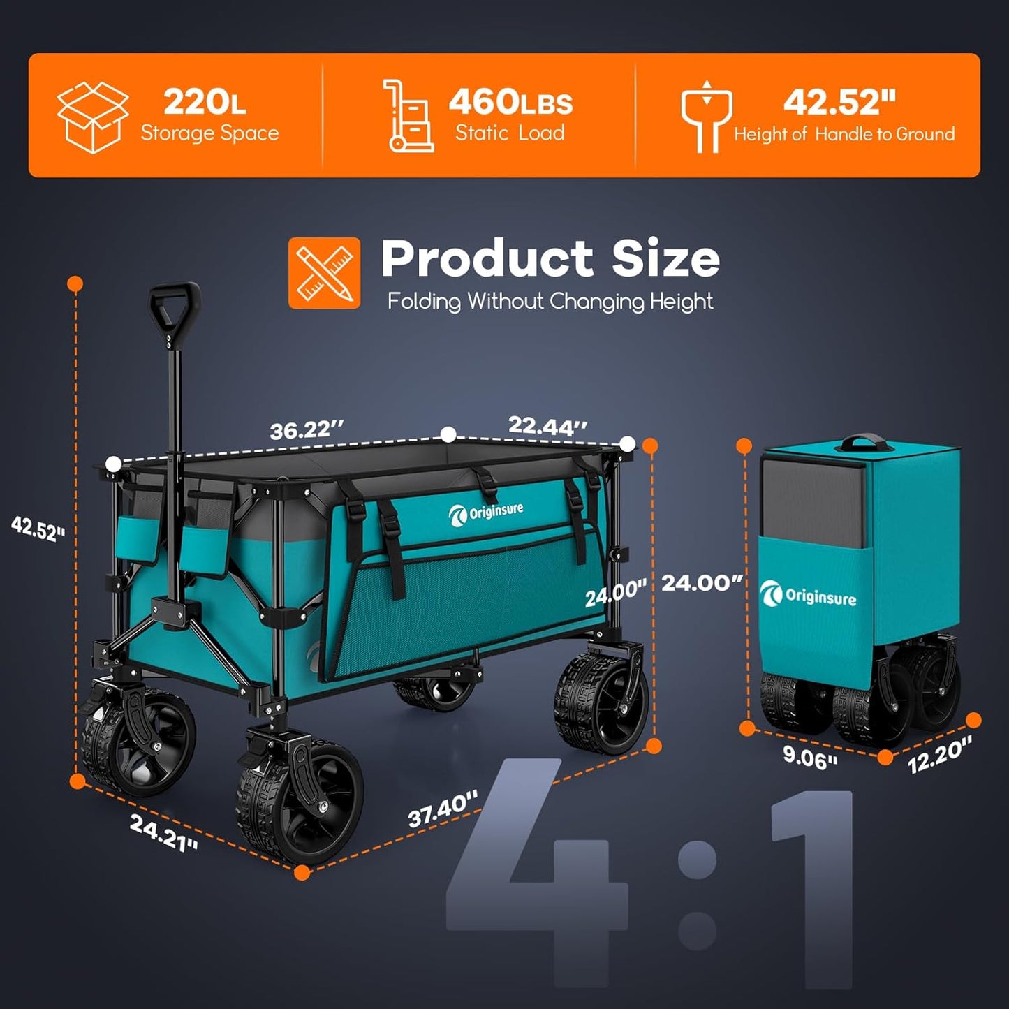 220L Collapsible Wagon Cart Foldable, 460lbs Load Capacity Heavy Duty Folding Beach Wagons with Big All-Terrain Wheels, Utility Carts for Groceries, Camping, Sports - Grey&Turquoise