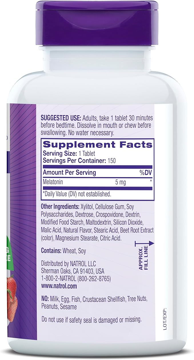 Natrol Melatonin 5mg Fast Dissolve Tablets, Sleep Support Supplements for Adults, Strawberry Flavor, 150 Tablets, Up to 150 Day Supply