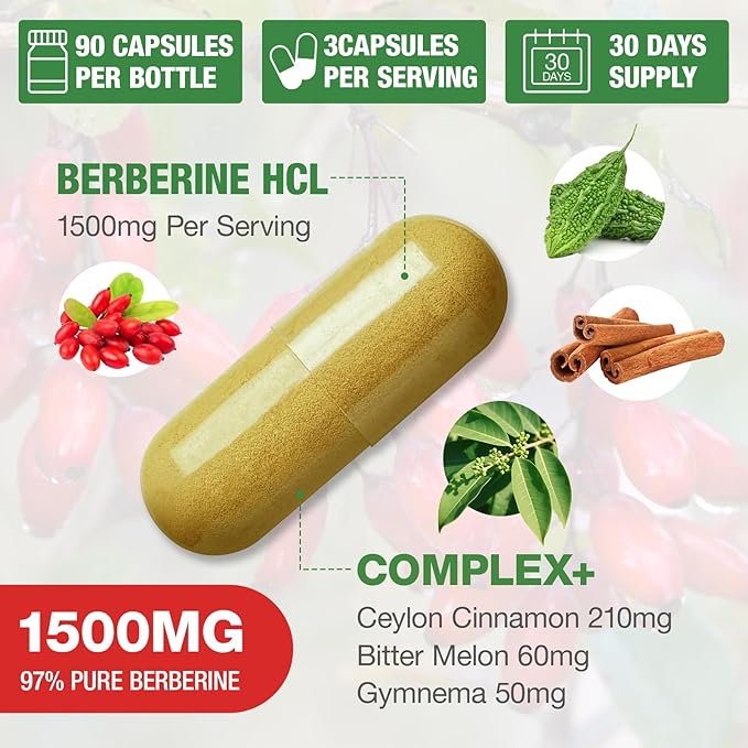 Berberine Supplement 1500mg - Premium Berberine HCl 97% Purity Plus Pure Ceylon Cinnamon, High Potency Berberine for Men Women Supports Immune System Non-GMO