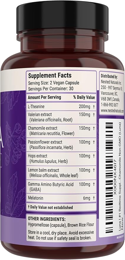 Nested Naturals Luna Sleep Aid - Non-Habit Forming Natural Sleeping Pills for Adults with Naturally Sourced Ingredients - Valerian Root, Melatonin, Chamomile, Lemon Balm, and More - 120 Vegan Capsules