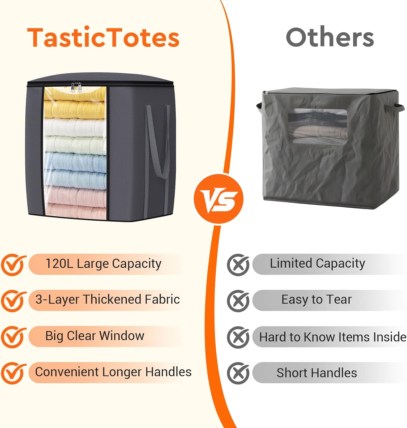 120L Extra Large Clothes Storage Bags, Foldable Blanket Storage and Organization, Thick Fabric Containers with Reinforced Handles & Zippers for Clothing, Comforters, Bedding, Gray, 6 Pack