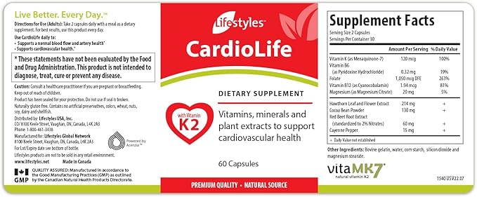 Lifestyles CardioLife Supplement - Herbal Heart Health Support with Vitamin K2 (MK7), Folic Acid, Beetroot, Cayenne Extract & More – Made in Canada – 60 Capsules (1)
