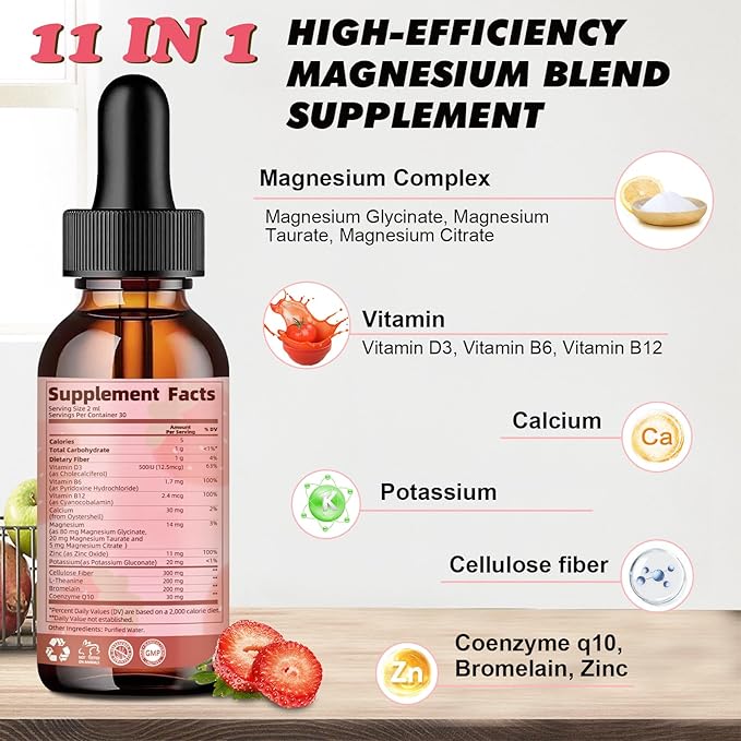 Magnesium Liquid Drop, Magnesium Glycinate Supplement Complex with Magnesium Taurate, Citrate, Calcium, Potassium, Vitamin, Zinc - Support Relaxation, Energy and Bowel Health