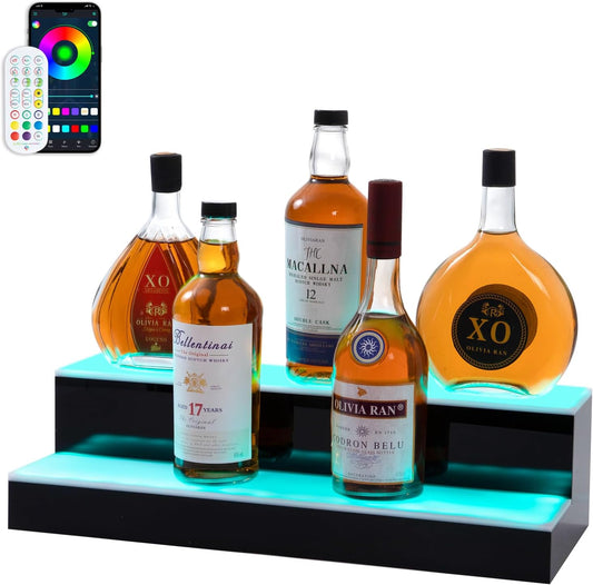 Led Lighted Liquor Bottle Display Shelf, 20 Inch 2 Tier Whiskey Rack, Support USB, Bar Stand with RF Remote & App Control, Illuminated Acrylic Lighting Shelves for Home Bar, Party
