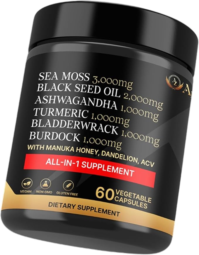 Sea Moss Capsules - Health Supplements - True Seamoss Black Seed Oil Ashwagandha Burdock Root, Tumeric Supplement with Manuka Honey, Dandelion Root ACV - 60 Capsules
