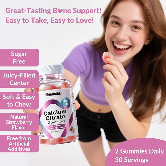 Calcium Citrate Gummies 1200mg with Magnesium,Vitamin D3, K2, Calcium Supplements for Women & Men- Easy to Digest, Vegan, Gluten Free,Sugar Free- Strawberry Flavor, 120 Calcium Gummies