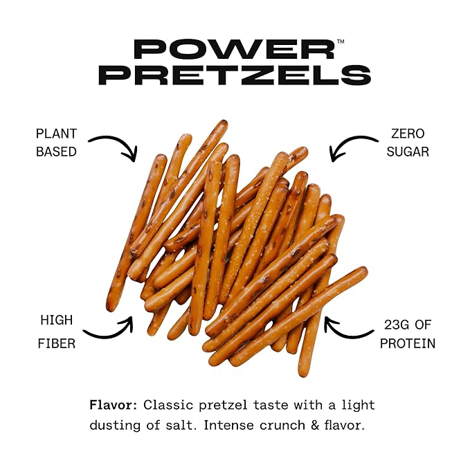 Power Pretzels High Protein Pretzel Sticks, Vegan Friendly and Plant-Based with 23g Protein per Bag, Savory and Crunchy Low Calorie Snack for Active Adults, Great for Gym, Work, or On-the-Go, 2 oz (6 Pack)