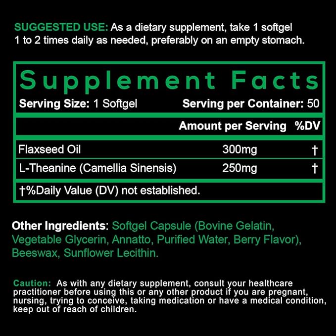 Smarter L-Theanine 250mg Supplement, in Non-GMO Flaxseed Oil, 50 Liquid Softgels