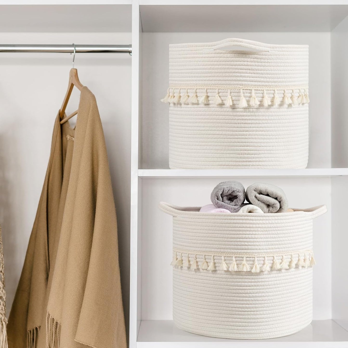 danpinera Baskets for Organizing, 3 Pack White Storage Baskets for Shelves with Tassel, 13 Inch Round Woven Baskets for Storage in any Room