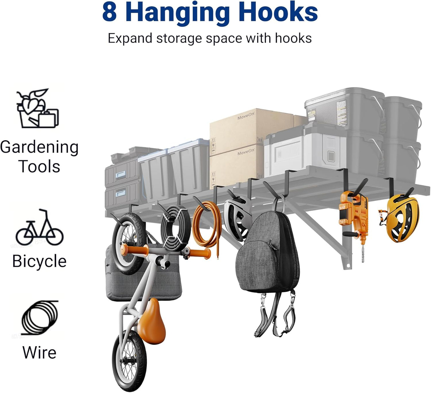 FLEXIMOUNTS 2x4ft Heavy Duty Garage Wall Shelving, 4-Pack Garage Shelving Wall Mounted with 8 Hooks, 400lbs Capacity, Storage for Power Tools, Garden Supplies, Storage Bins, Lite Series