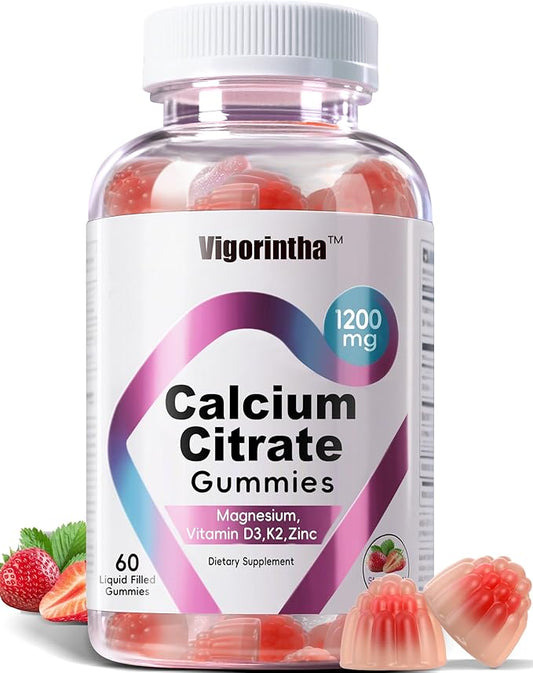 Calcium Citrate Gummies 1200mg with Magnesium,Vitamin D3, K2, Calcium Supplements for Women & Men- Easy to Digest, Vegan, Gluten Free,Sugar Free- Strawberry Flavor, 60 Calcium Gummies