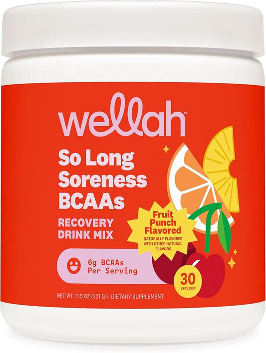 Wellah So Long Soreness BCAA Powder (Fruit Punch Flavored) 30 Servings - with Hydration Complex