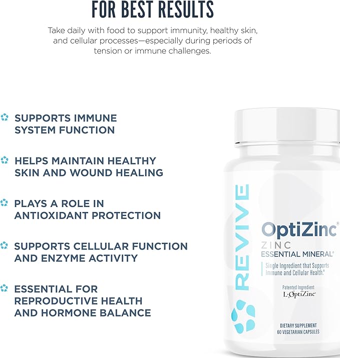 Revive MD Zinc Mineral Supplement for Men & Women - Supports Immunity & Cellular Health with 50mg OptiZinc - Antioxidant & Immune Support - 60 Capsules